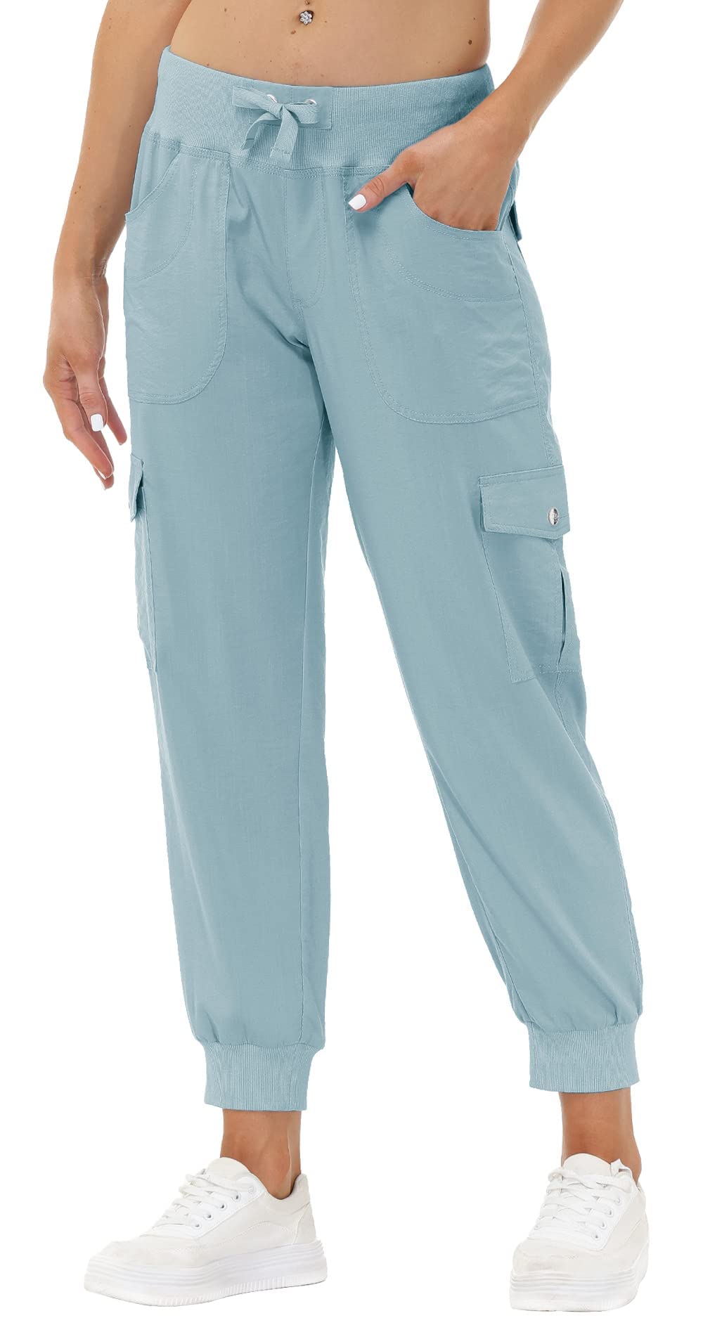 JINSHI Hosen Damen Cargohose Lange Capri Freizeithose Outdoor Jogginghose High Waist mit Kordelzug
