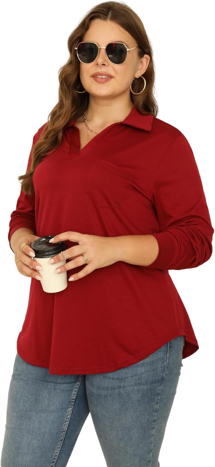 Women Plus Size Long Sleeve Collared V Neck Shirts Business Casual Work Tops Dressy Loose Tunic Blouses 1X-5X - Image 7