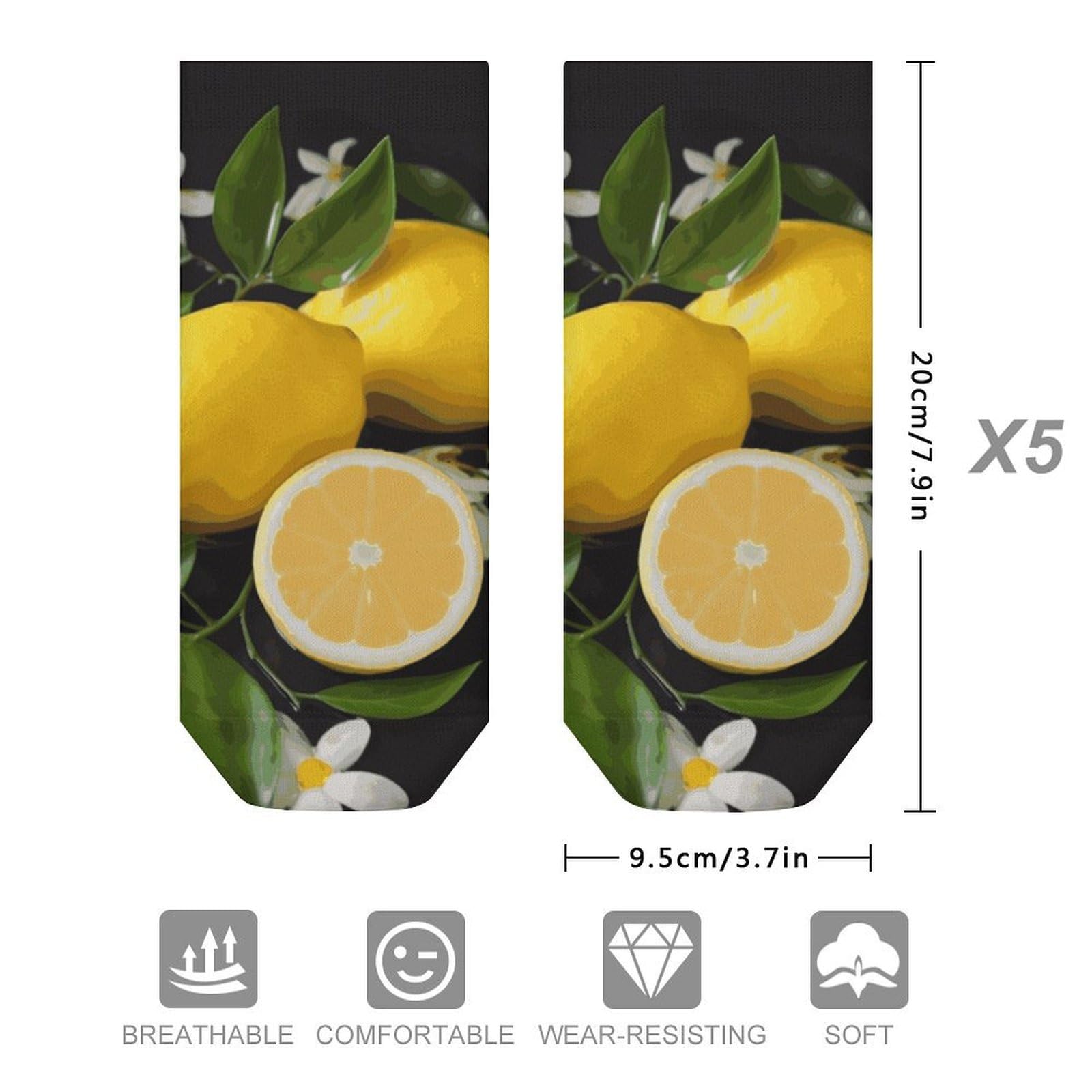 Lemon And Flower Ankle Socks for Men & Women, 5 Pairs Breathable Soft Low Cut Socks, Stretch Sweat Wicking Sox