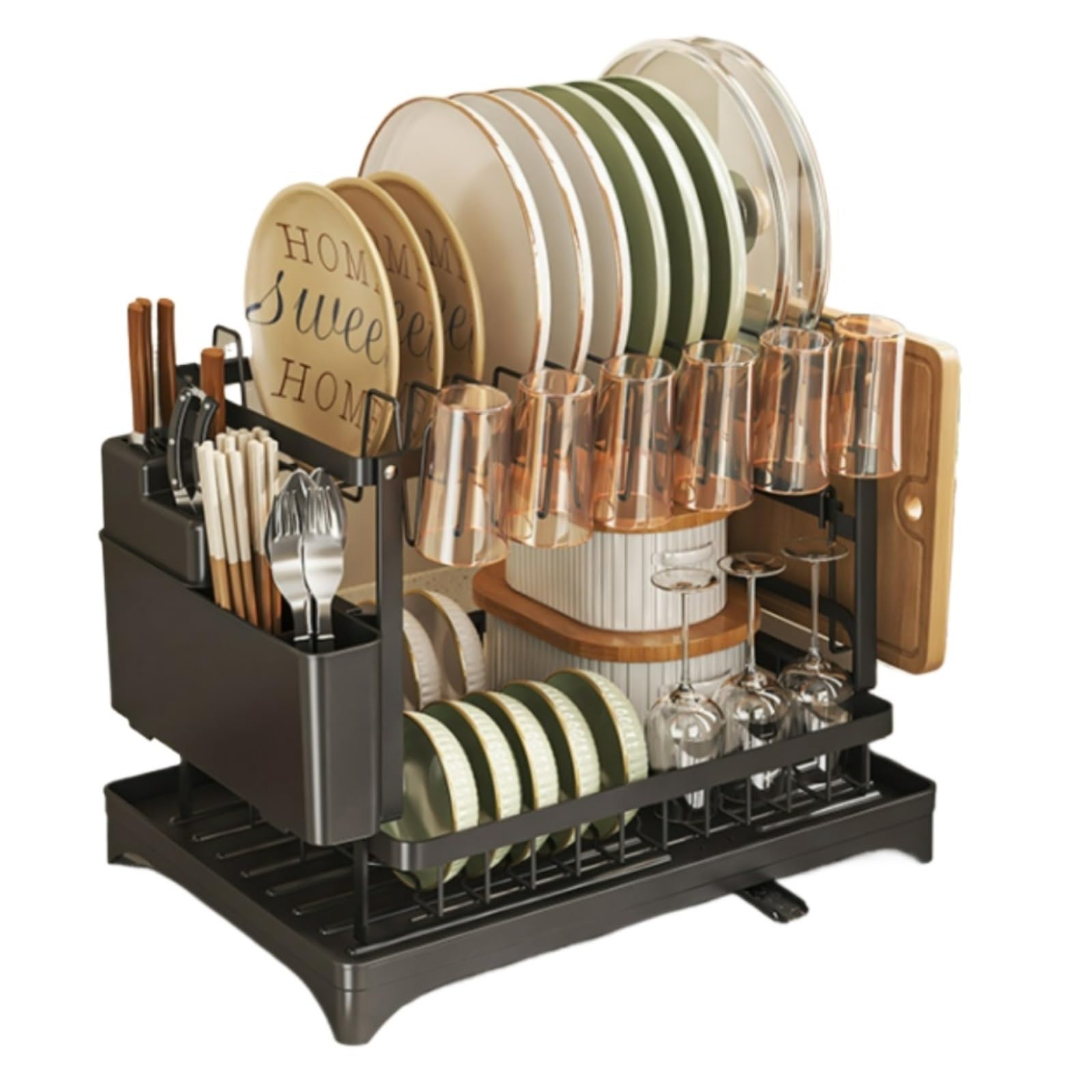 GENTERUN Dish Drainers Two Tier Rotating Dish Drying Rack With Drainer Board And Utensil Holder For Kitchen Counter(Black)