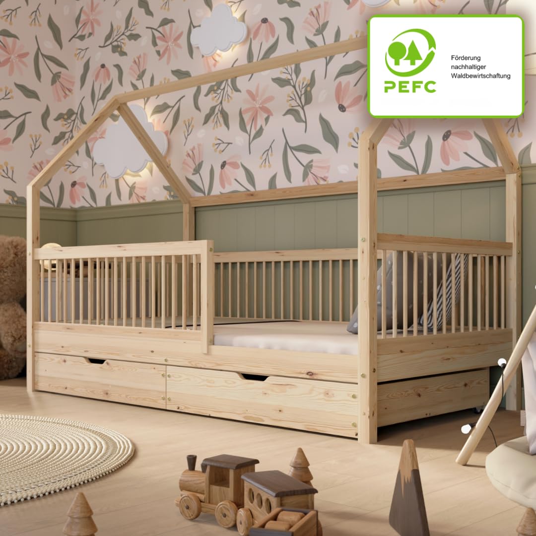 Hausbett – Montessori Kinderbett aus Massivholz mit Rausfallschutz – Sicheres Kinderbett aus Naturholz - Leichter Aufbau - Crazy Folly (Naturholz mit Schubladen, 160 x 80 cm)