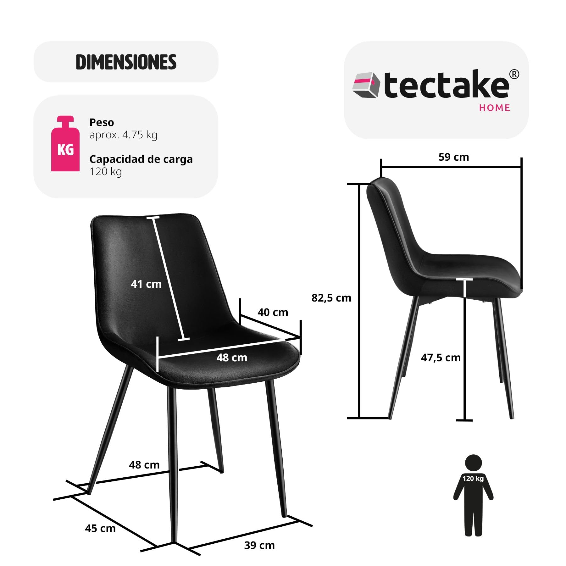 tectake® Juego de 2 Sillas de Comedor, Sillas Salón Aterciopeladas, Silla Tocador Ergonómica, Sillas Comedor con Patas de Acero y Topes, Silla Terciopelo con Gran Respaldo y Acolchada - Negro