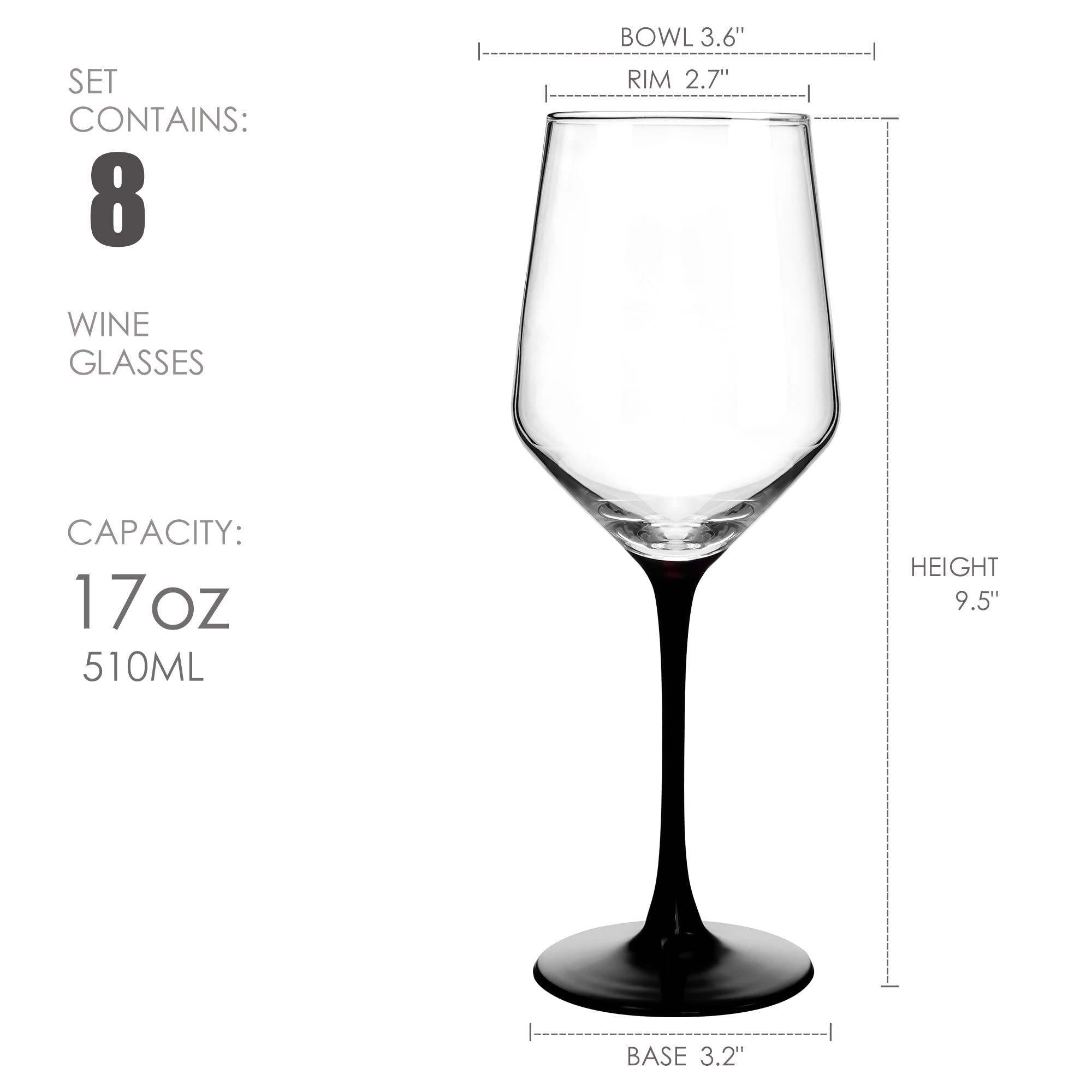 Condition photo showing New/Like New for wine glasses with black stem & base, set of 8, 17 oz wine glasses for red wine, unique gifts for wine lovers, dishwasher safe