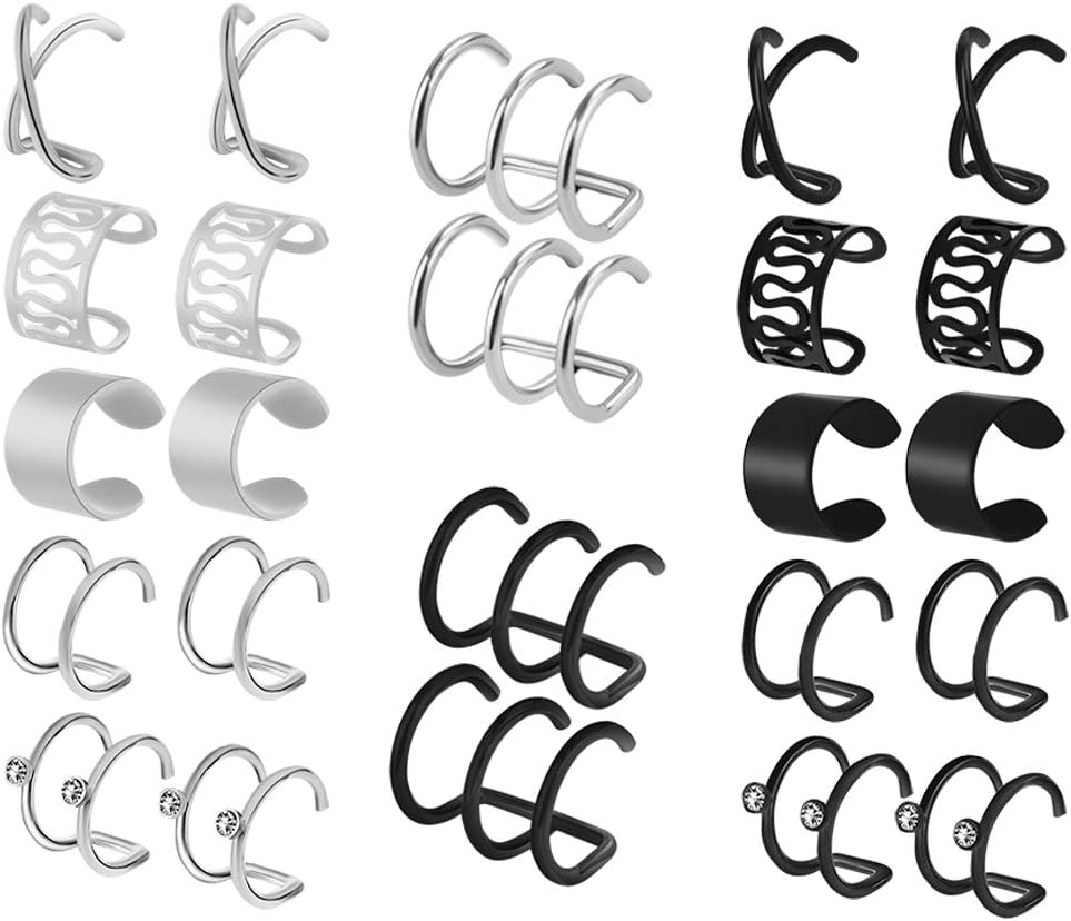 12 Pairs Earrings Set Cuff Helix Cartilage Clip Stainless Steel on Ears Non Piercing Adjustable 6 Various Styles Silver and Black for Women Girls