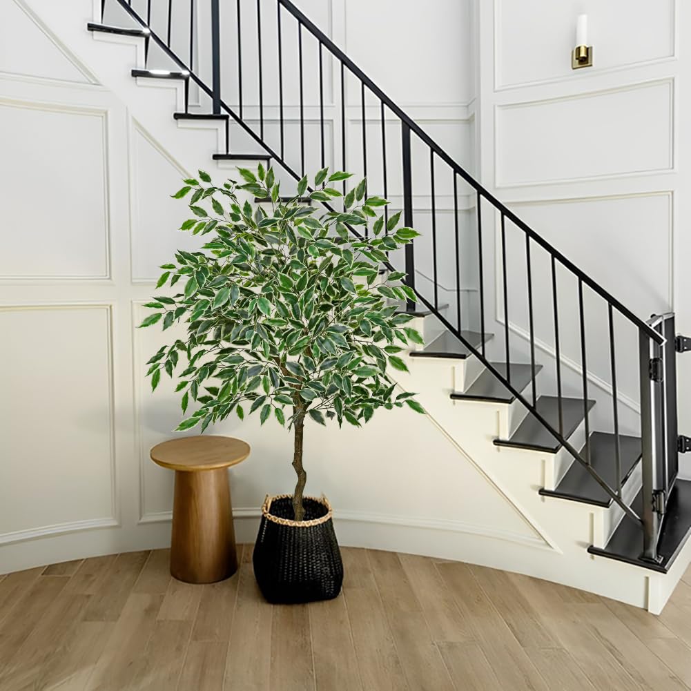 Hollyone Ficus Plante artificielle, 130 cm, grande plante artificielle, comme de vraies plantes en plastique, en pot, vert, blanc, arbre artificiel pour salon, bureau, jardin