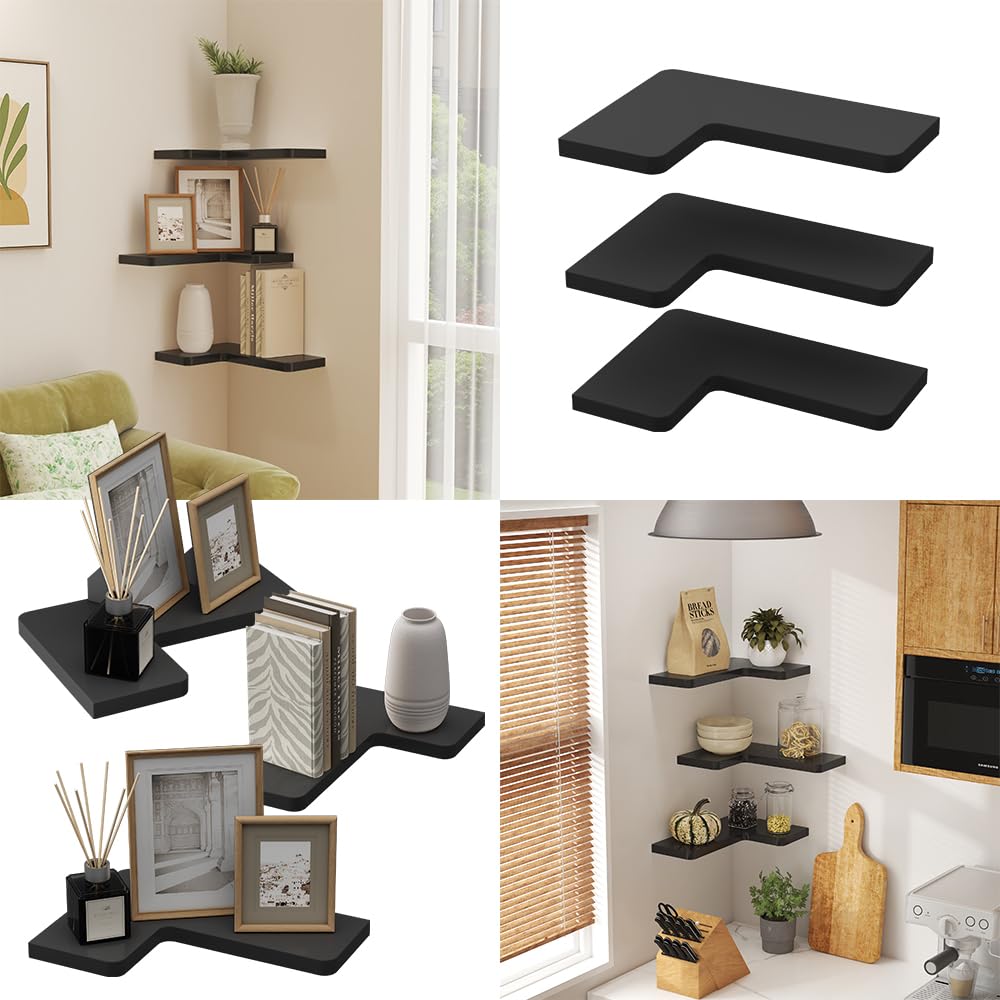 Vicco Estantería esquinera Curva, Negro, 40.5 x 2.5 cm Lote de 3, Apto para Montaje en Pared para un Almacenamiento Que Ahorra Espacio