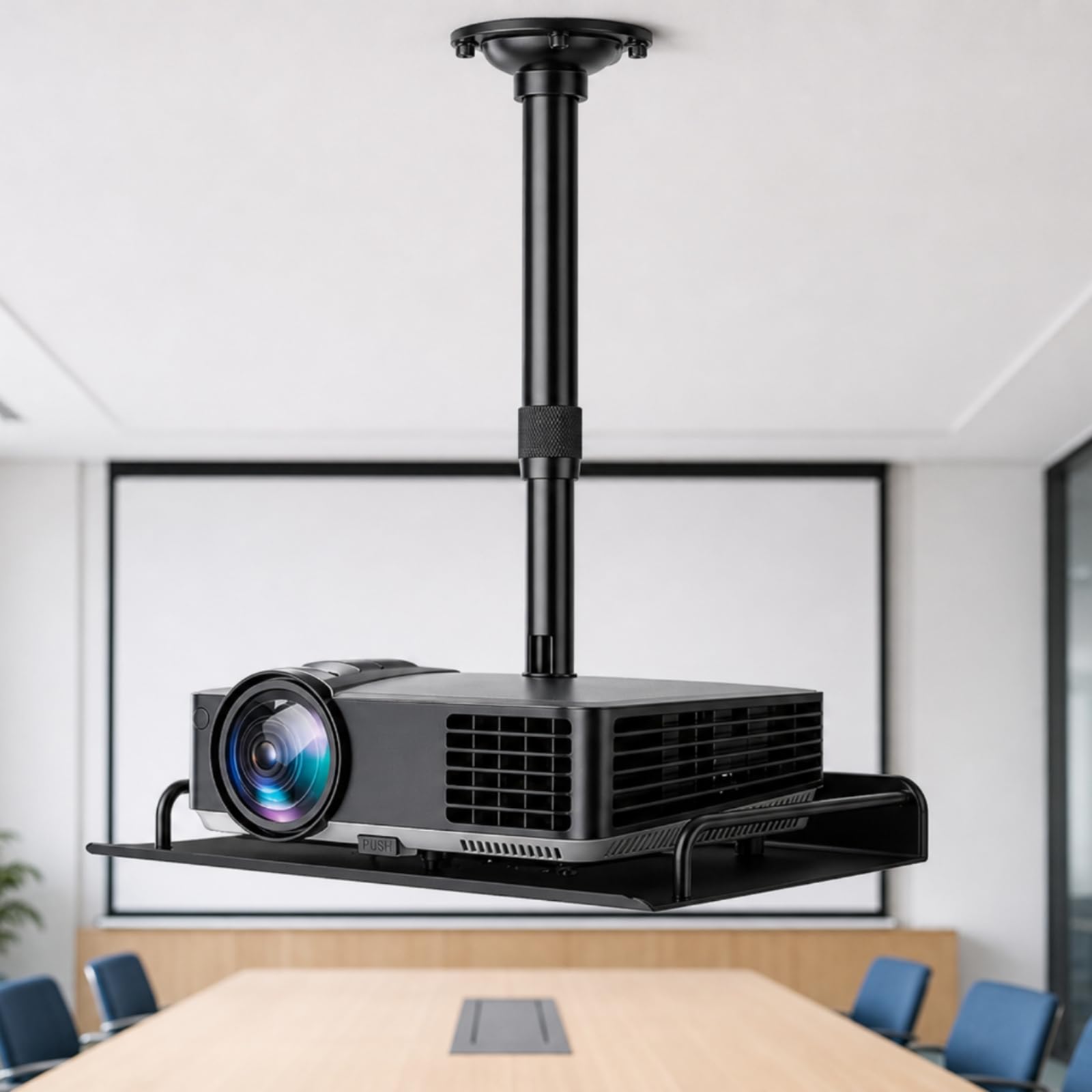 Harilla Staffa da Soffitto Supporto Proiettore Staffa Regolabile Mensola Metallo Vassoio Antiscivolo per Risparmio Spazio Piantone Telescopico con Serraggio, 60-120cm