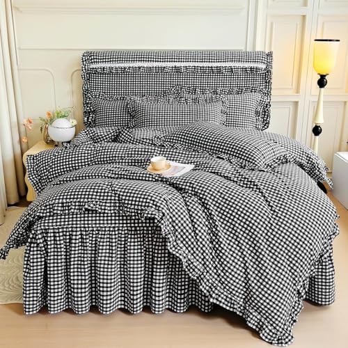 Image of LifeTB Black Gingham Comforter Set King Ruffle Checkered Plaid Comforter Set 3 Pieces Boho Grid Bed Comforter with 2 Pillowcases Fluffy Soft Vintage Checkered Lightweight Gingham Bedding Set King