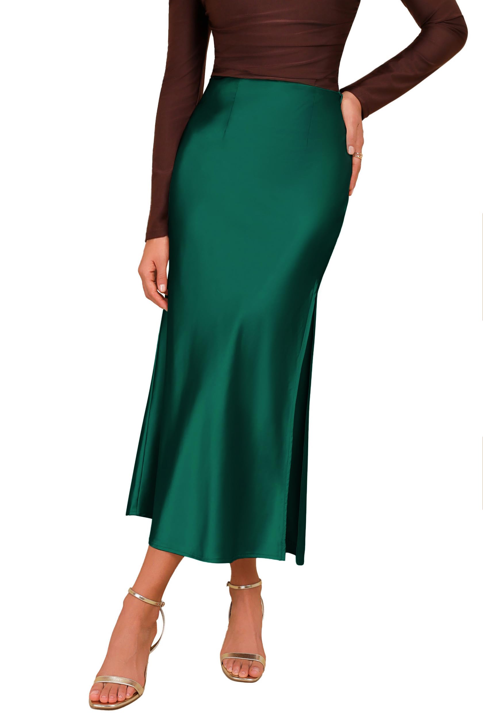 Jupe longue en satin taille haute pour femme - Jupe droite élégante - Fente latérale - Taille élastique