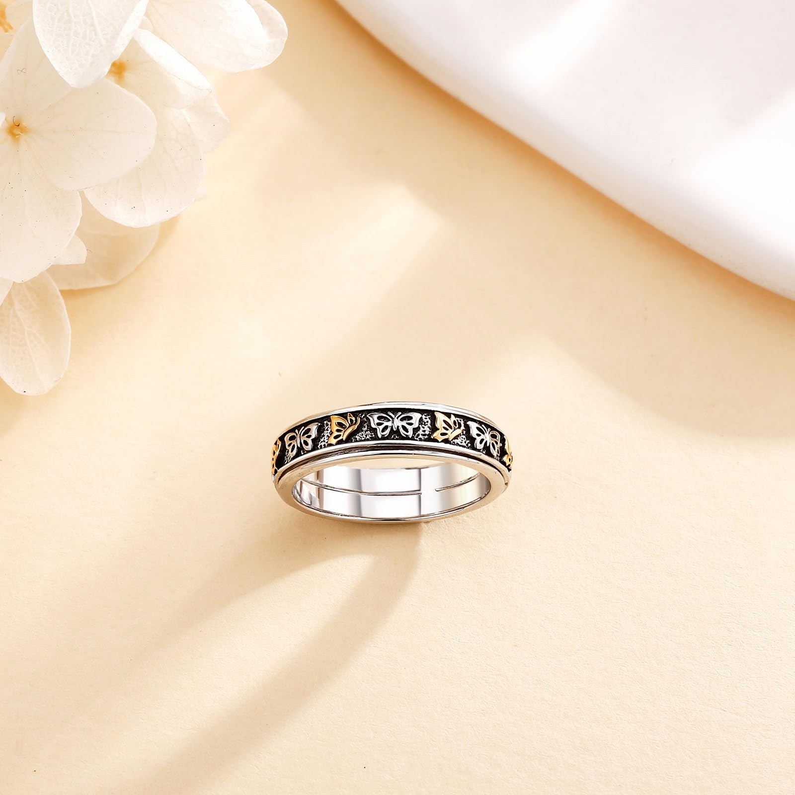 POPLYKE Sonnenblume/Schmetterling/Gold Sonnenblumen Ringe 925 Sterling Silber Angst Relief Spinner Statement Ringe Schmuck für Ihre Frauen