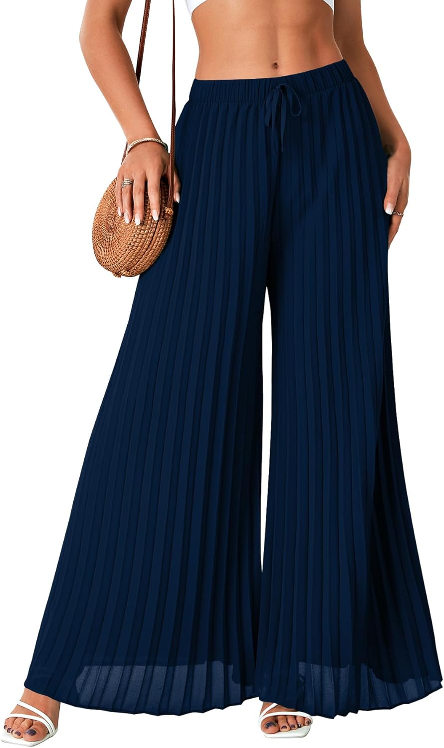 OPOIPIN Women's Chiffon Wide Leg Pleated Pants High Waist Flowy Loose Casual Long Trousers