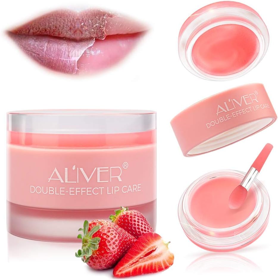DOUBLE-EFFECT Lip Sleep Mask with Collagen Peptide,Moisturizing Strawberry Sleeping Lip Mask Overnight Hydrating Lip Balm Mask Exfoliating Lip Scrub Lip Care Treatment For Chapped and Cracked Lips