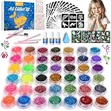 Bledras Kit Tatouage Paillettes Enfant, 42 Couleurs Imperméable Tatouage Temporaire à Paillettes, 210 Pochoirs, 5 Pinceaux, 3 Colles, Coffret Cadeau Fille, pour Anniversaire Carnaval Cosplay Fête