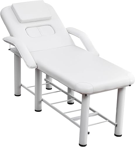 Cama de masaje profesional con respaldo ajustable, reposacabezas extraíbles y cojines de pecho, reposabrazos y estante de almacenamiento, mesa de