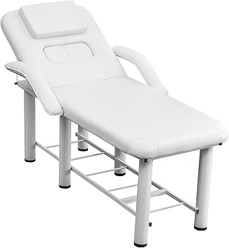 Professional Beauty Bed with Removable Headrest & Breast Cushions, Armrests and Storage Shelf for Massage, Facial, Tattoo & Spa White
