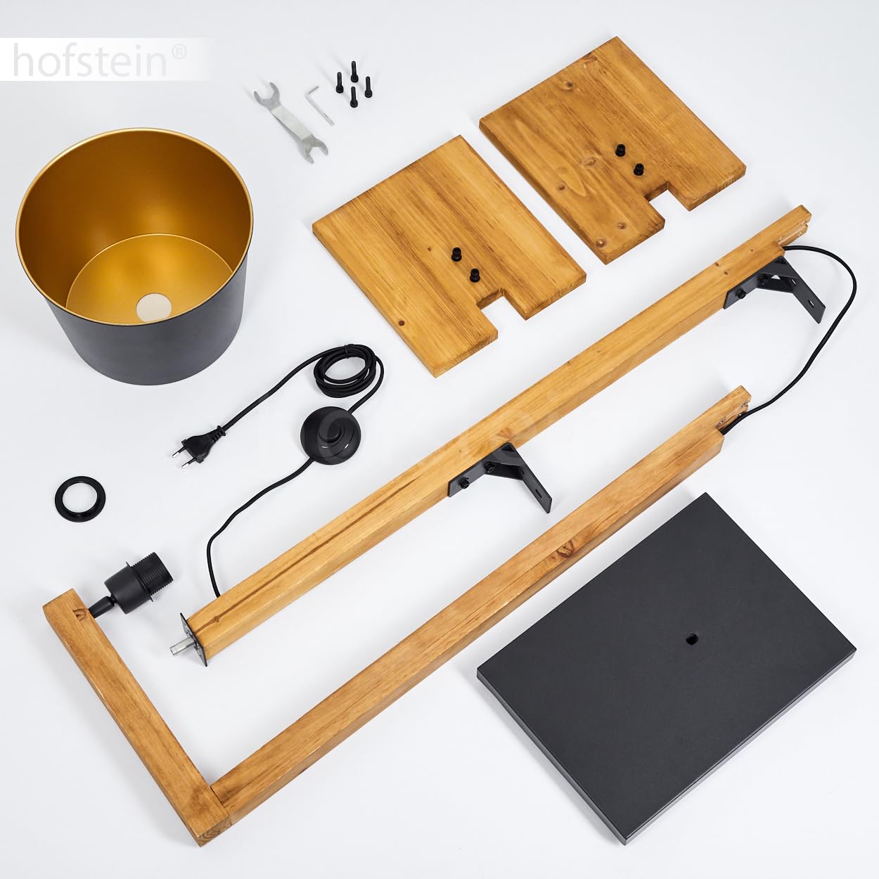 Stehleuchte Baval, moderne Stehlampe aus Metall/Holz in Schwarz/Natur/Goldfarben, Standlampe m. verstellbarem Schirm, Fußschalter am Kabel u. Ablageflächen, Höhe 164 cm, 1 x E27, ohne Leuchtmittel