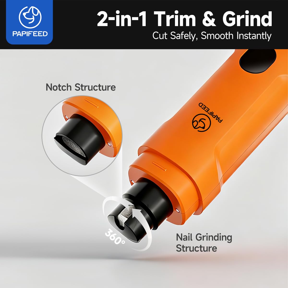 PAPIFEED Dog Nail Grinder with LED Light, Ultra Quiet 3-Speed Electric Nail File for Small Medium Large Dogs & Cats, Rechargeable Pet Nail Grinder with Trimmer (Orange) - image 2