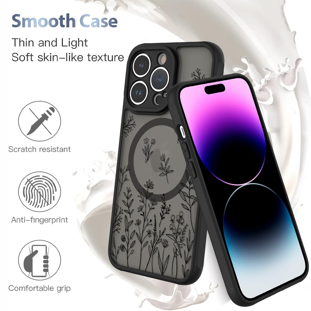 AIGOMARA Handyhülle Für IPhone 14 Pro – MagSafe Kompatibel, Schwarzes Blumenmuster Für Frauen, Stoßfest