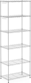 Mondeer Metal Shelving Units, 6 Tiers Kitchen Storage Shelf with 8 Hooks, Height Adjustable, for Bathroom Living Room Balcony, Silver