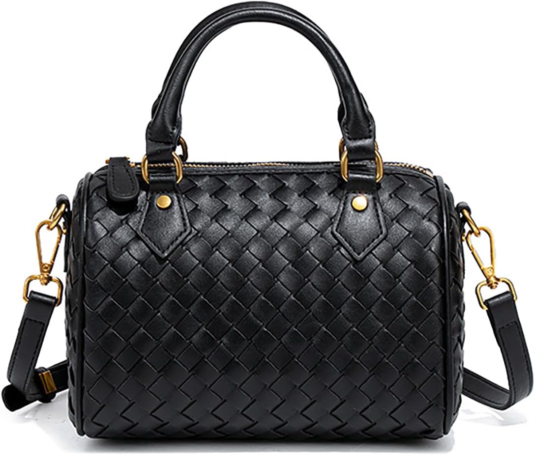 Small Woven Bags for Women Crossbody Purse Leather Barrel Bag Top Handle Handbag with Shoulder Strap