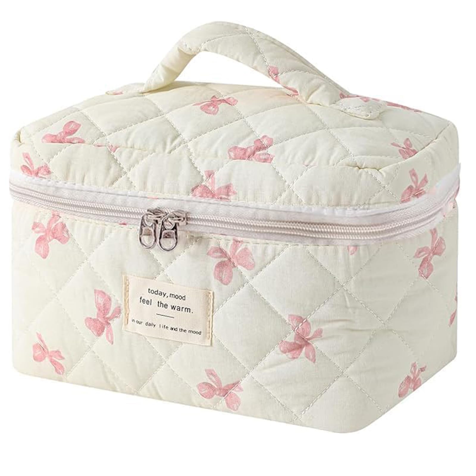 AMULOKRU Quilted Makeup Bag, Large Makeup Bag, Cute Cosmetic Bag for Women Girls, Floral Coquette Aesthetic Travel Toiletry Make Up Organizer