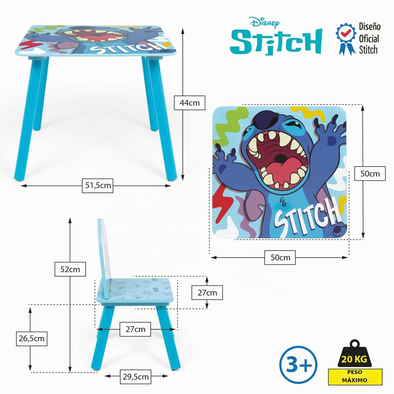 ARDITEX - Set de Mesa y 2 Sillas Infantiles de Madera - 50x50x44 cm y 26,5x26,5x50 cm - Ideal para Jugar, Pintar y Hacer Manualidades - Licencia Oficial Stitch