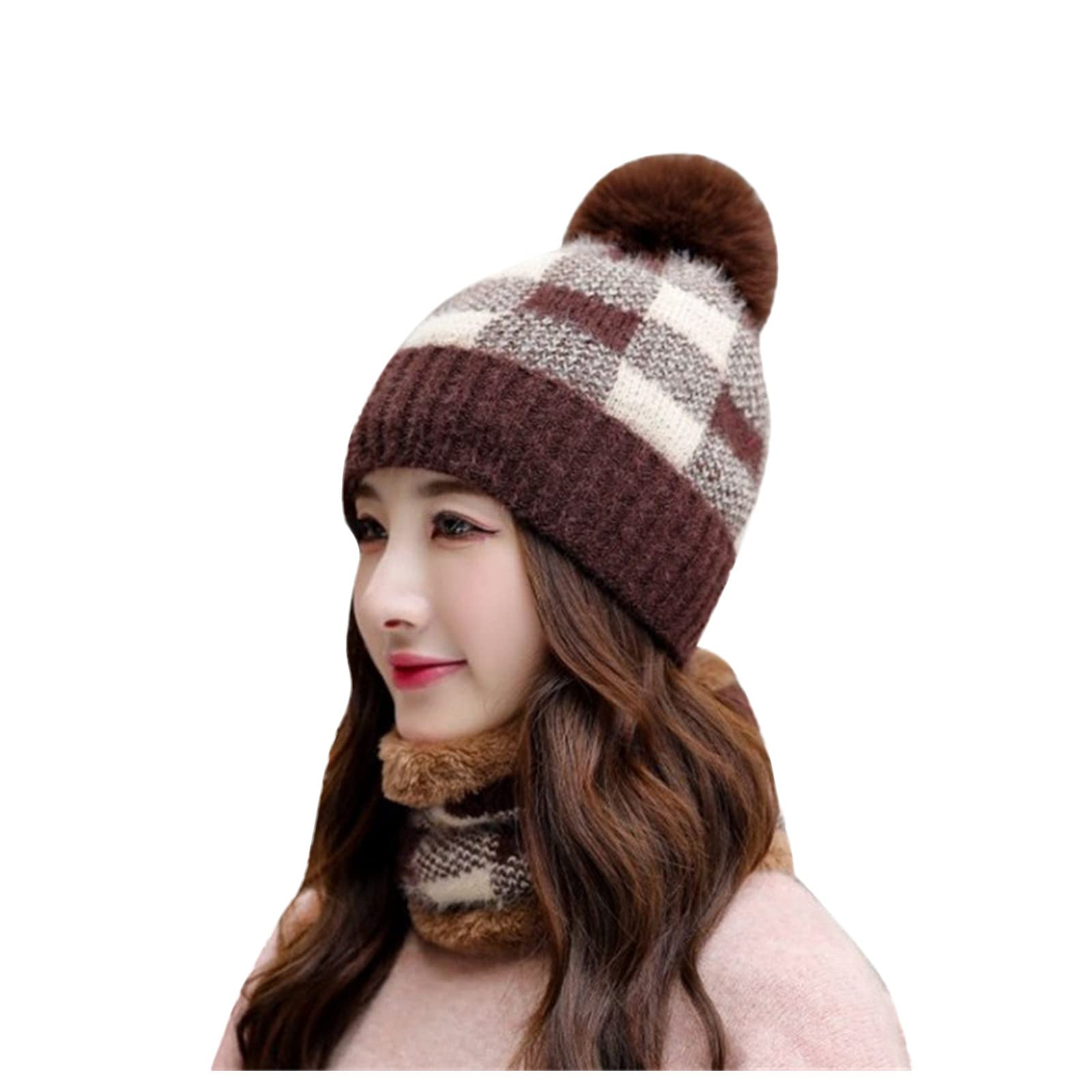 Men Women Knit Pom Beanie Hat Scarf Set Winter Ski Hat Slouchy Skull Cap with Fleece Lined Hat Neck Warmer for Outdoor