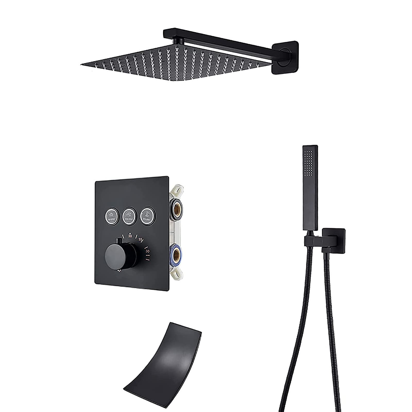 NGDFGR Rain Shower Thermostatic, Haute Pression Black Shower Combo Set Wall Mounted Bathroom Shower Faucet Set With Shower Head, Abs Handheld Shower, Waterfall Spout,10In,size_name-16inch