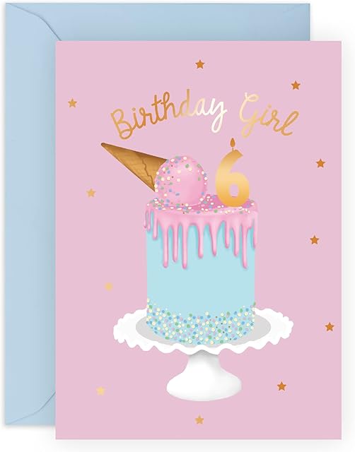 Sixth Birthday Card for Girls - Happy 6th Birthday - Age 6 - Six Year Old - Pink Ice Cream Cake Greeting Card for Kids - Daughter - Granddaughter - Toddler - Comes With Fun Stickers - By Central 23