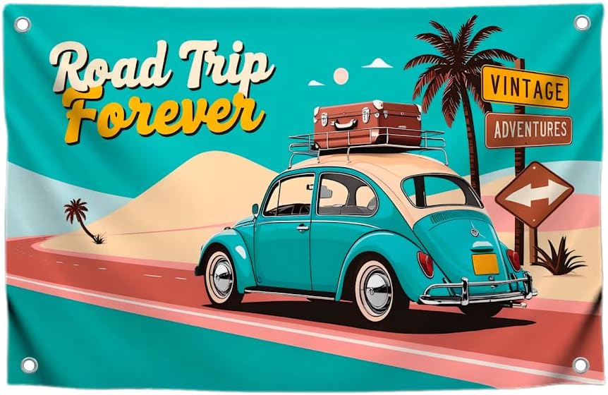 Auto retro de 3 x 5 pies con cuatro ojales de latón  Cartel de viaje por carretera para decoración de pared  Bandera de carreras de poliéster