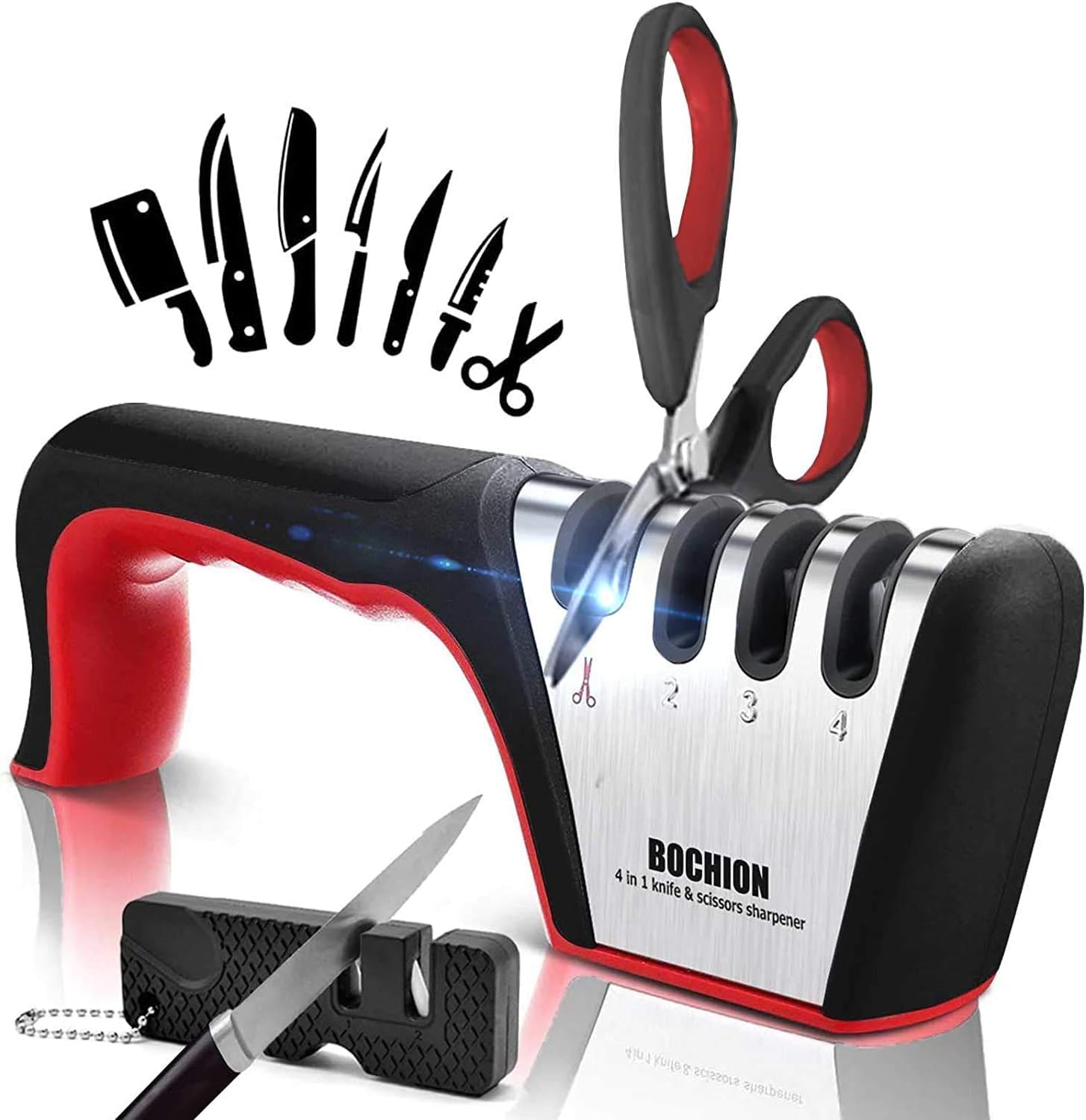 BOCHION Professional Knife Sharpener | 4 in 1 Manual Kitchen Knife & Scissor Sharpeners with Portable Camping Sharpener | 4 Stage Chef's Sharpening Tool with Non-Slip Base & Ergonomic Handle | Red