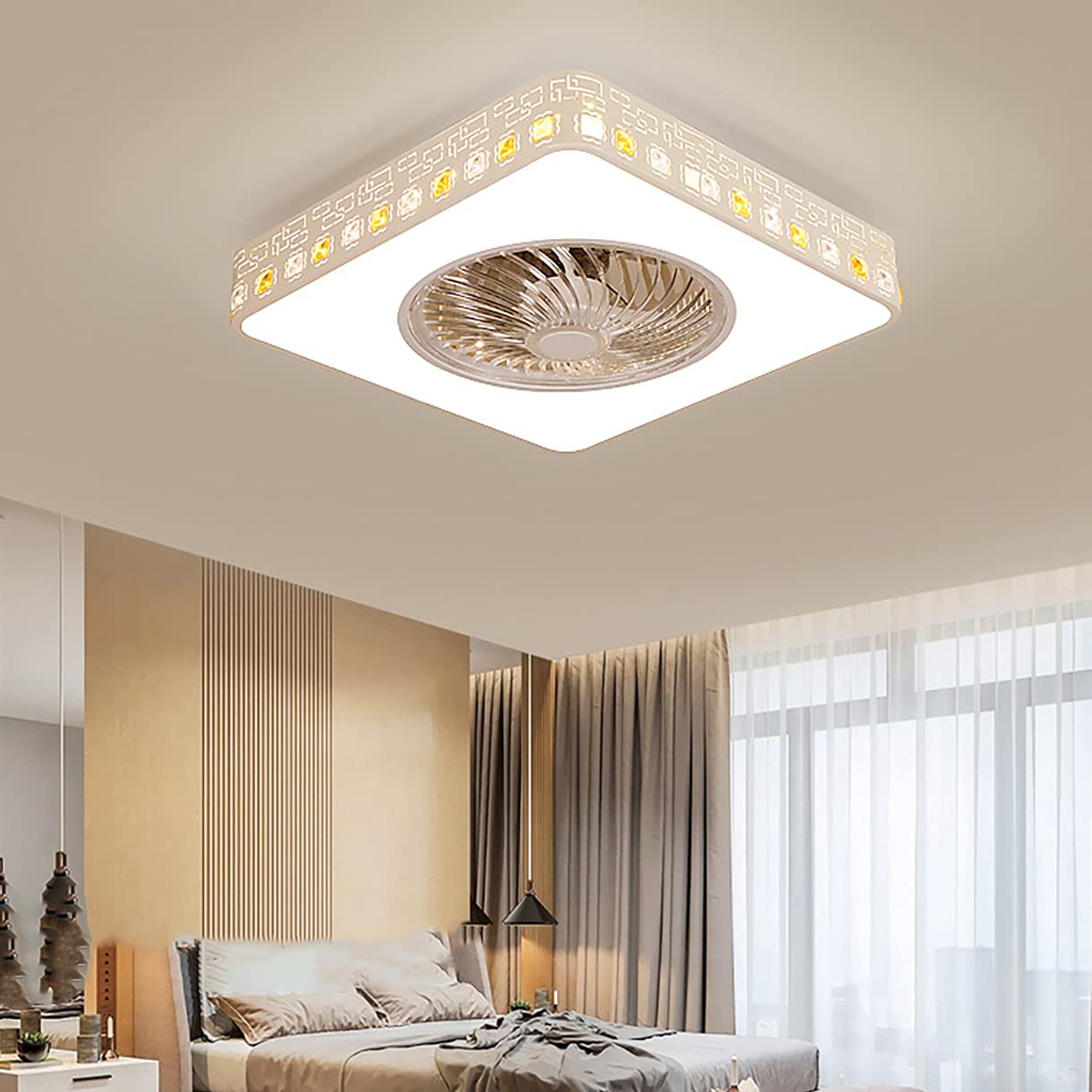 Ventilateur de plafond pour chambre avec plafonnier LED et télécommande 3 vitesses