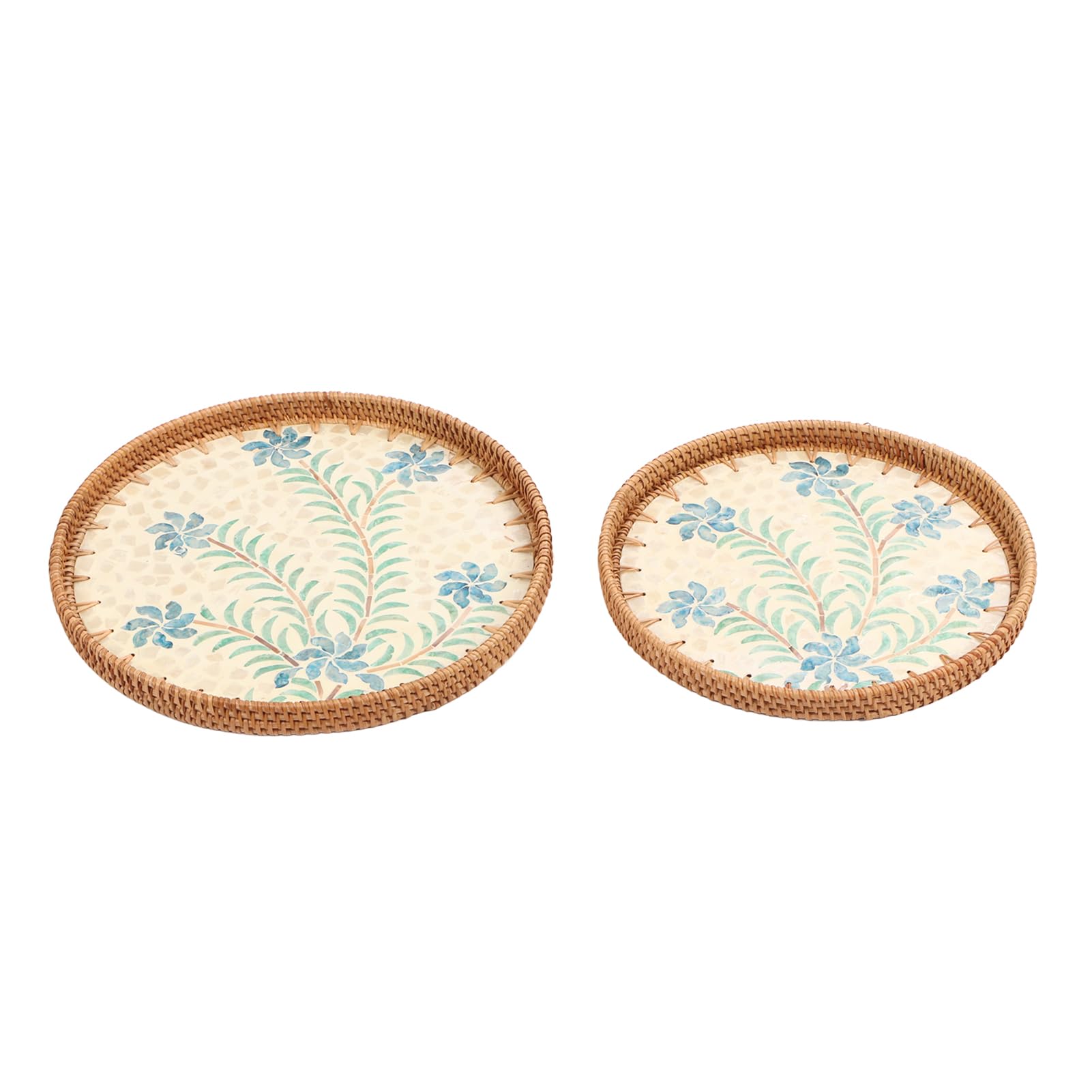 2 Piezas Bandeja Redonda para Aperitivos Tejida a Mano en Ratan, Estilo Artesanal Tradicional, Bandeja Decorativa Ecológica para Frutas y Snacks, Diámetro 30 cm y 35 cm (Patrón de cymbidium)