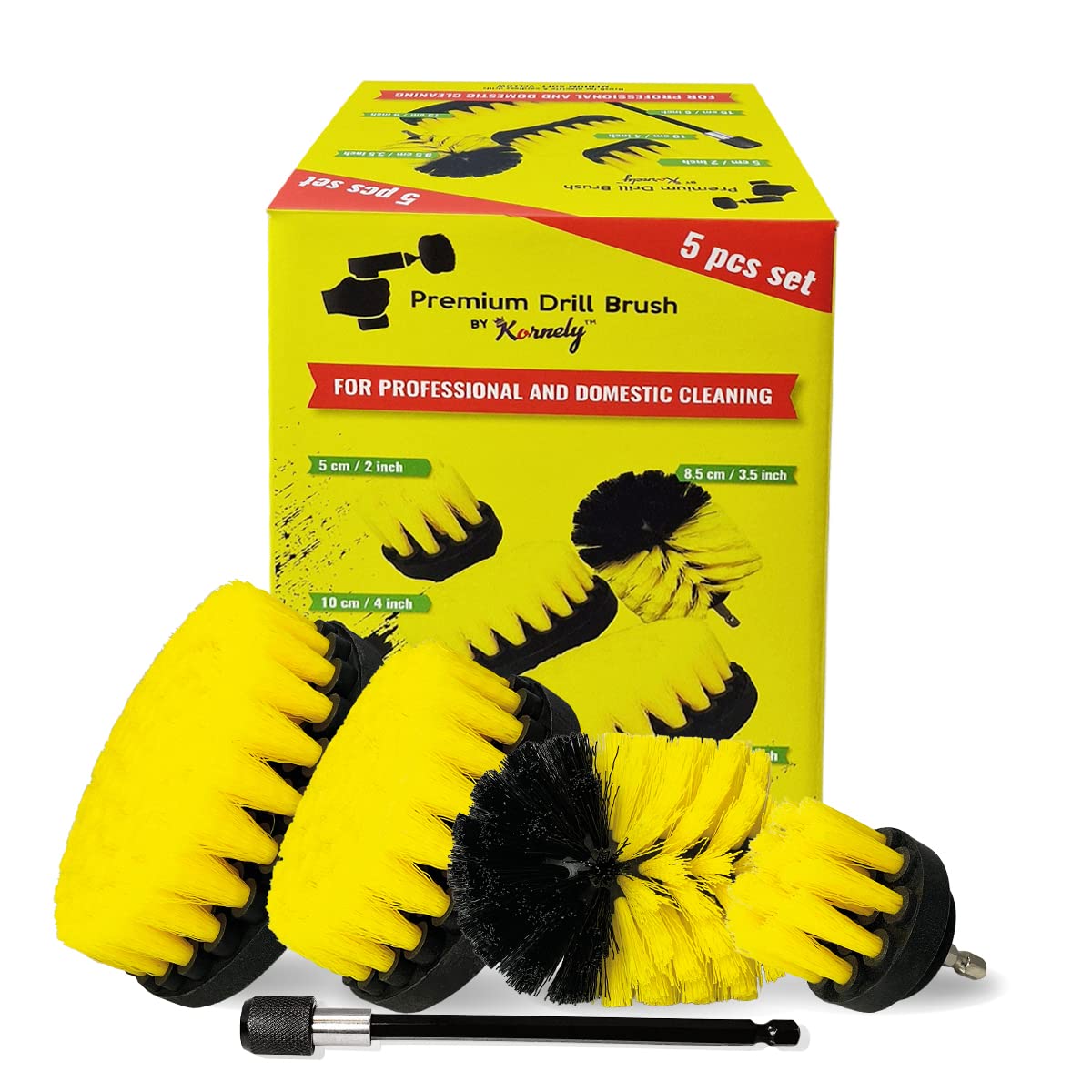 Cepillo Premium para Taladro, Medianamente Suave, Amarillo, Juego de 5 Piezas. No Raya Las Superficies. Adecuado para Limpiar Baldosas, Juntas, Bañera, Ducha, Fibra de Vidrio y Cerámica