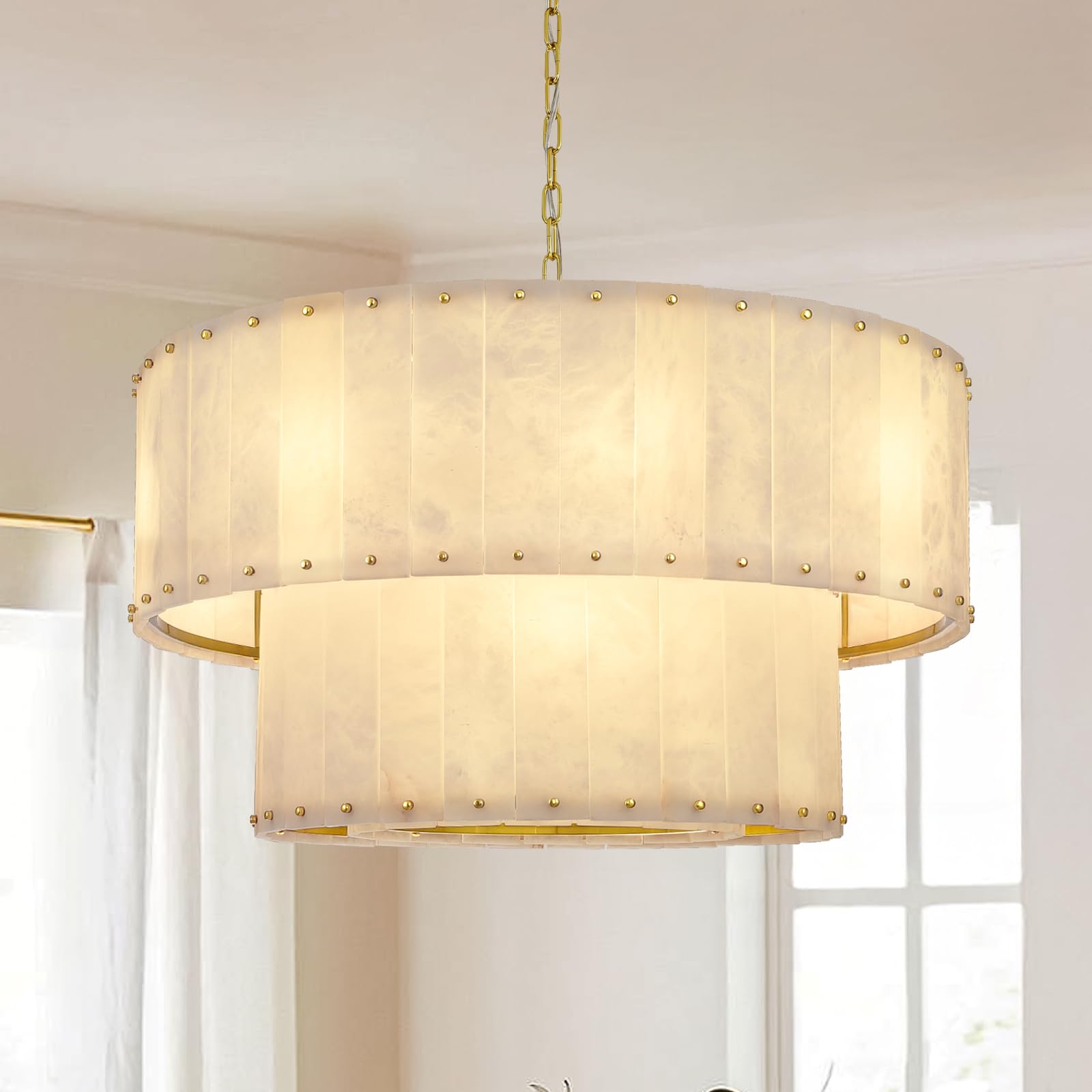 View 1 of *** MISSING PARTS *** 
PIOUTNF Alabaster Chandelier, 32in Round 2-Tier Gold