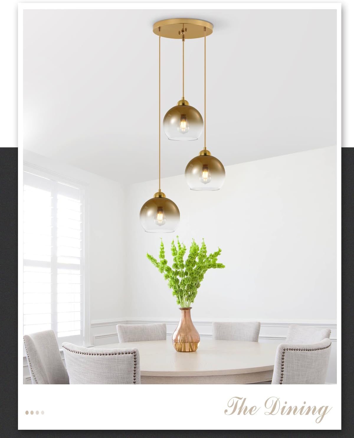 Modern Gradient Gold Glass Pendant Light,3-Light Globe Adjustable Hanging Pendant Light for Bedroom Kitchen Island Dining Room Stairwell