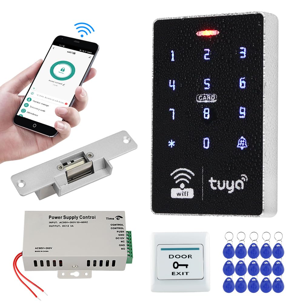 WiFi Tuya Smart APP Sistema di Controllo Accesso Porta Kit 125KHz 13.56MHz Impermeabile RFID Tastiera + Blocco elettrico di sciopero + Alimentatore DC12V 3A + 15pcs Carte Tag
