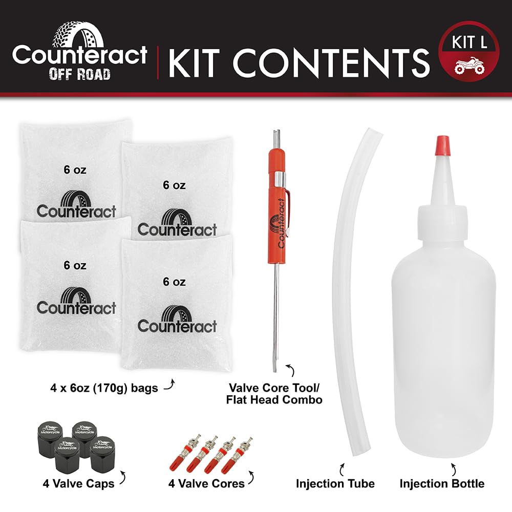 Counteract KIT-L ATV/UTV Do It Yourself Tire/Wheel Balancing Beads Kit - (4) 6oz DIY Bead Bags, (4) Valve Caps and Cores, (1) Core Remover, Injector Bottle