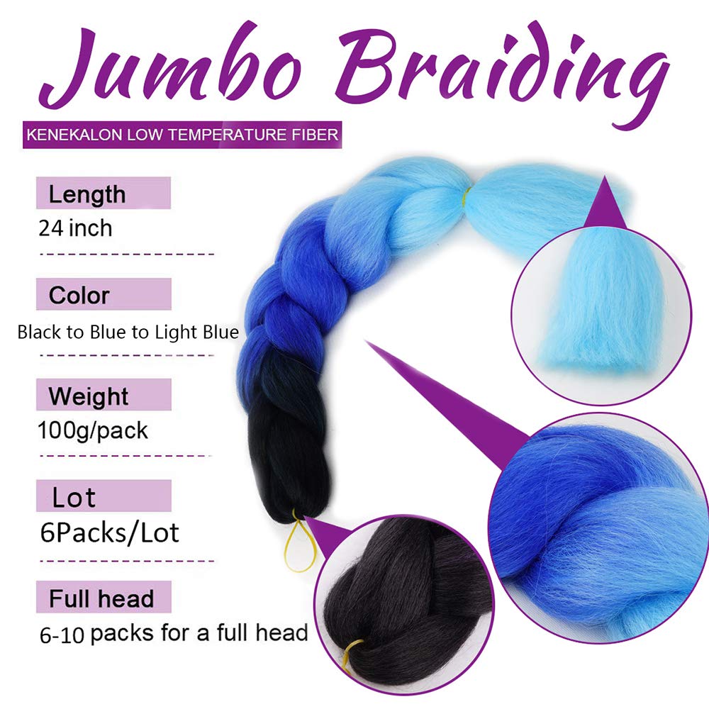 6 Packs Braiding Hair Ombre Braiding Synthetic Hair Jumbo Braids Hair Extensions Synthetic Hair Ombre Black to Blue to Light Blue Color (Black to Blue to Light Blue#C9)
