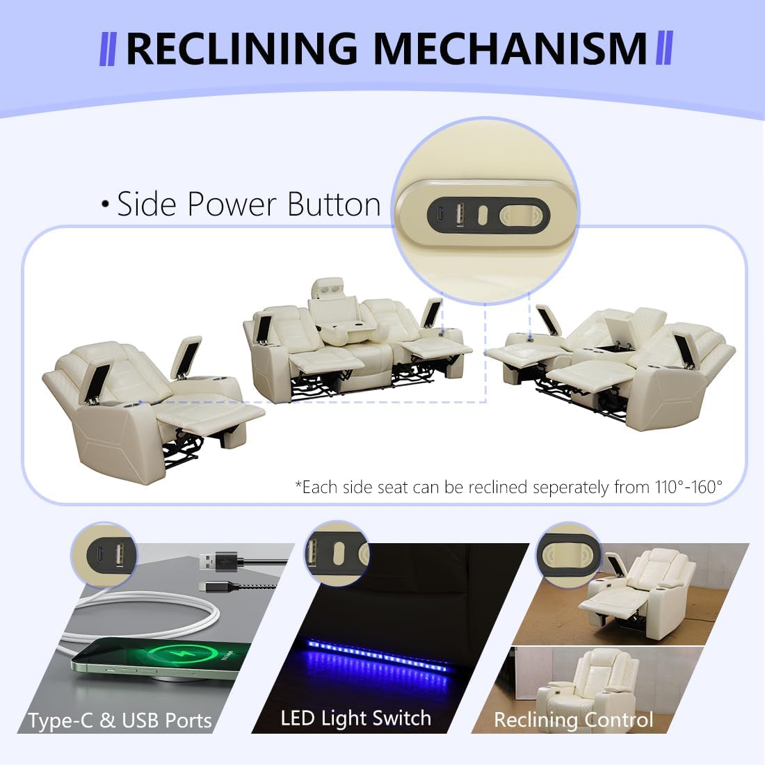 Power Theater Recliner Chair, Cream White Leather Reclining Sofa Couch Chair, Modern Comfy Recliner with Arm Storage/Cup Holder/USB Port for Living Room Furniture, Office, Home Theater