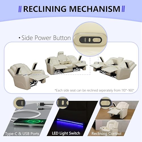 Miniatura 3 de Juego de sofá reclinable eléctrico de cuero con LED, juegos de muebles de sala de estar, 2 sofás reclinables, juego de sofá reclinable y silla con