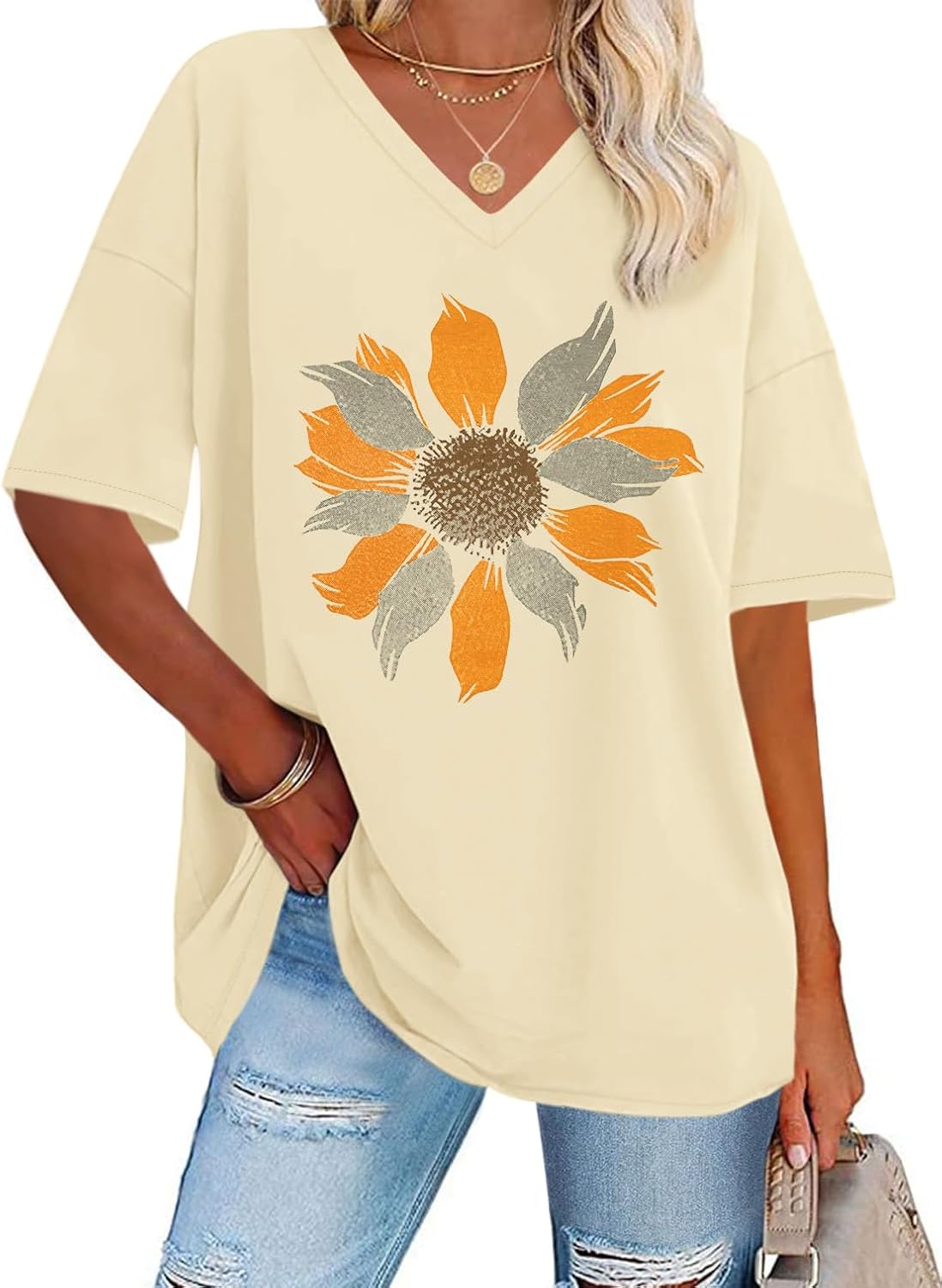 ADOREJOY Oversized Tshirts for Women V Neck Summer Graphic Tees Casual Short Sleeve Loose Tops
