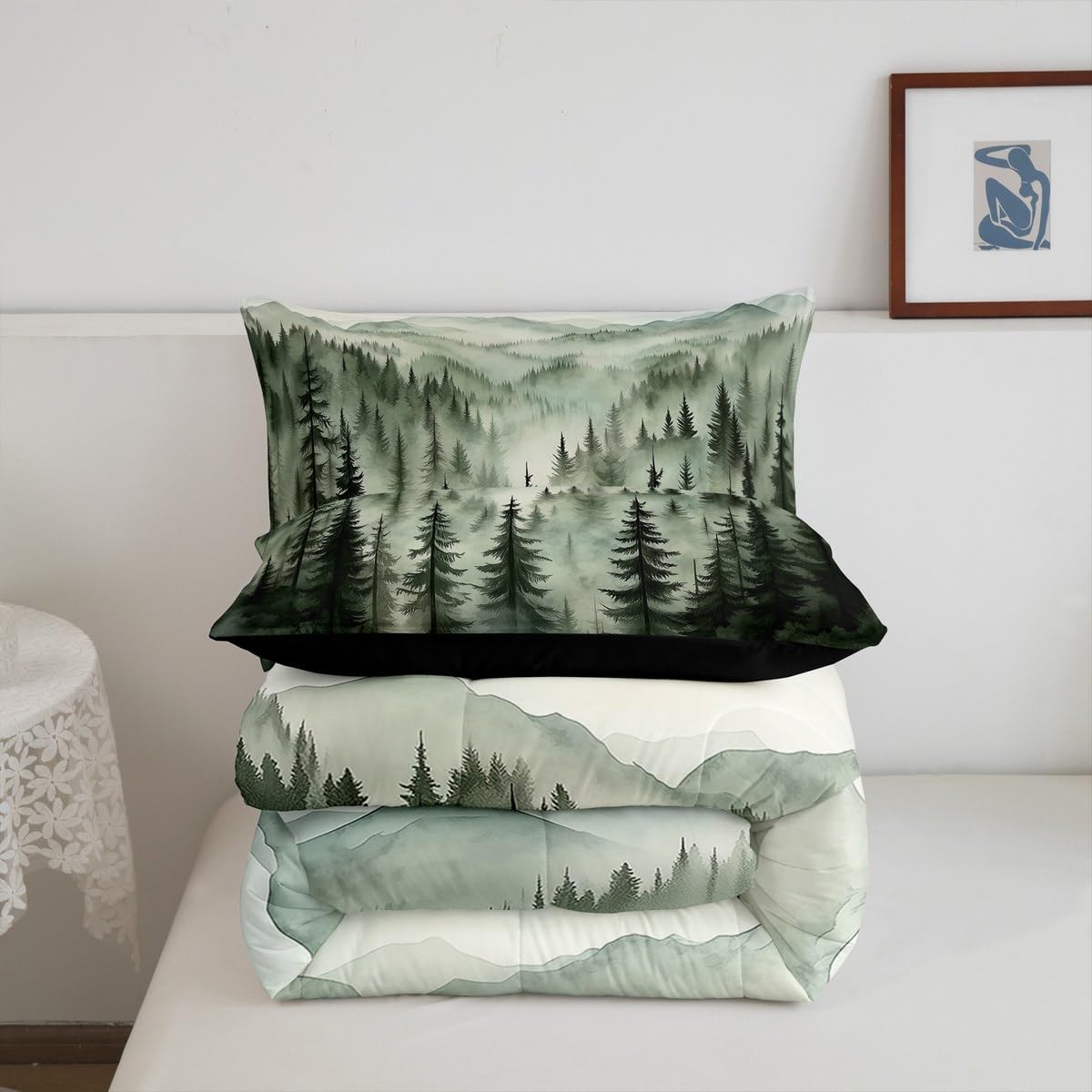 Erosebridal Smoky Mountain Bedding Set King,Nature Forest Green Comforter Set Rustic Woodland Botanical Pine Tree Quilt Set for Kids Adults Natural Jungle Plants Bed Duvet Set 3 Pcs