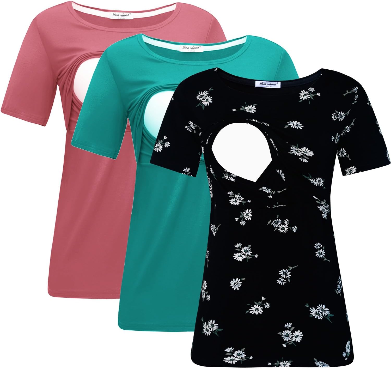 Bearsland Women's 3 Packs Maternity Nursing Tops Short Sleeve Breastfeeding Shirts
