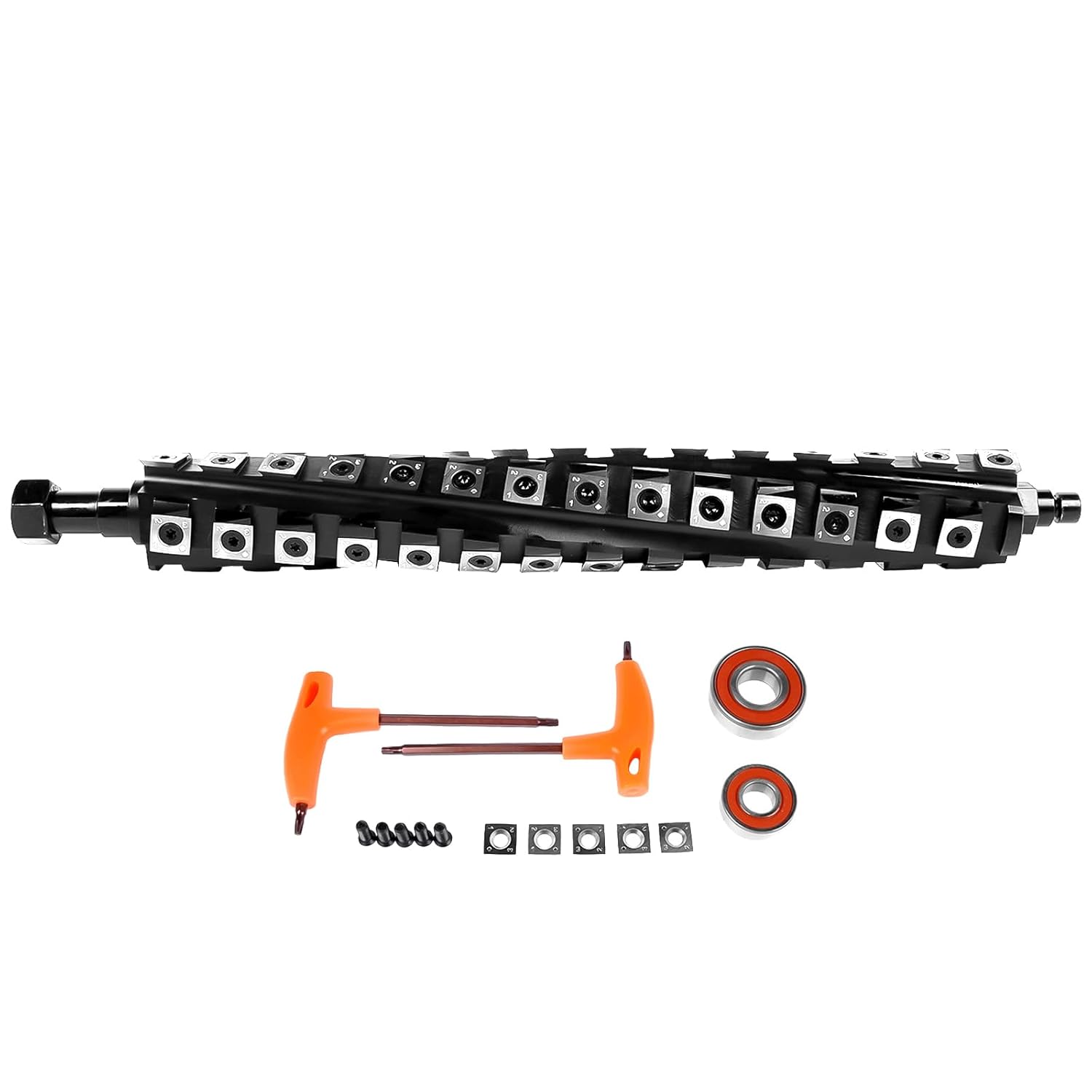 13 Inch Spiral Helical Cutterhead Replacement for DeWalt DW735 DW735X Planer Woodworking Tool, 4 Rows of 56 pcs Carbide Blades, with 5 Spare Blades & Screws, 2 Bearings, 2 Wrenches