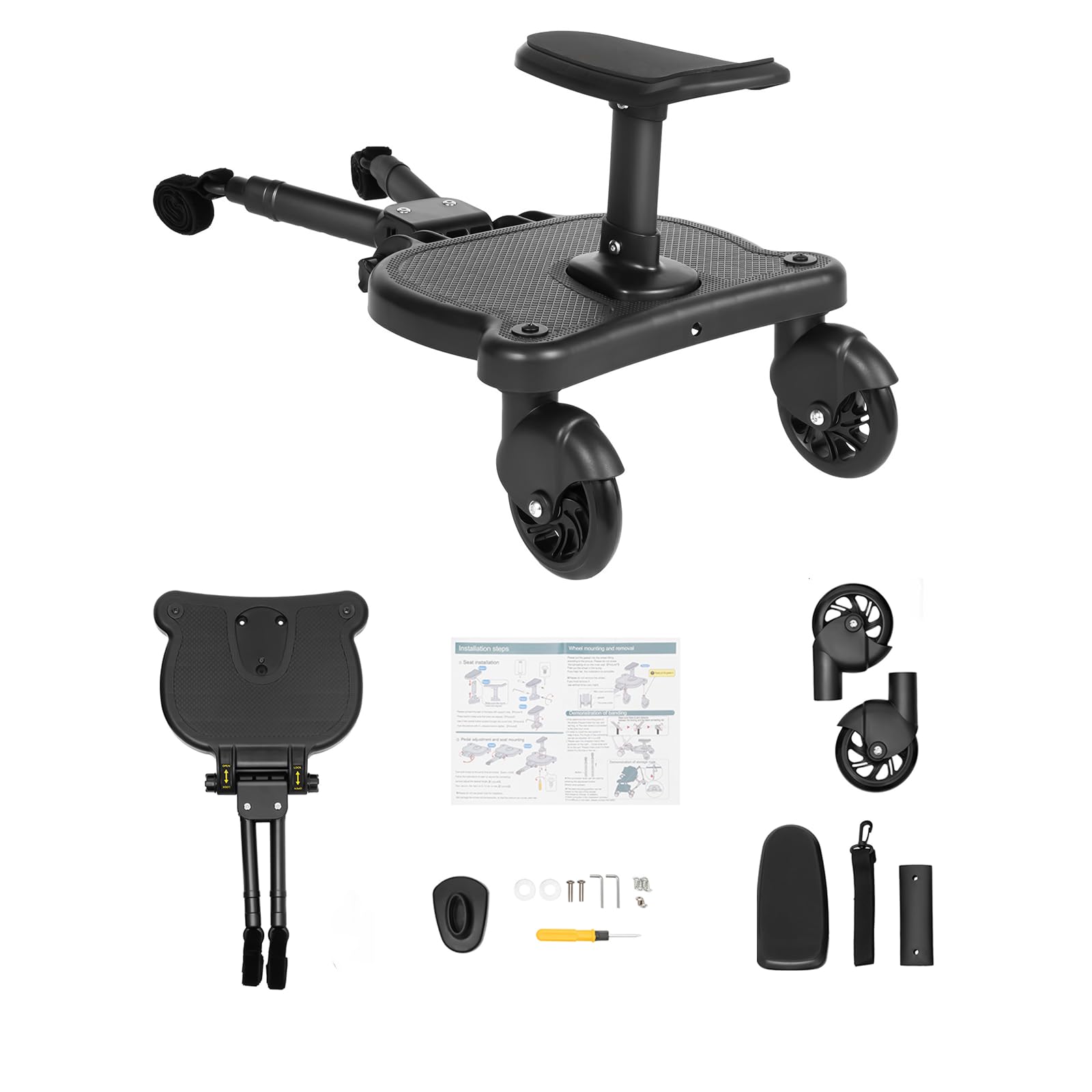 Universal Buggy Board, 25KG Tragkraft Schwarz Faltbar Abnehmbarer Kiddyboard Trittbrett Rollbrett Mitfahrbrett mit Sitz Kinderwagen Organizer Aufhängegurt für Kinder Von 2-6 Jahren Kinderwagen