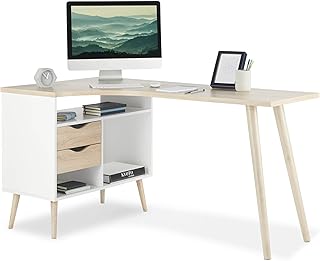 VonHaus Computer Desk - Light Oak Effect Home Office Desk with Shelves - Desk for Home Working or Home Study Space - Laptop Desk for Small Spaces - Computer Table with Drawers - Corner L Shape PC Desk