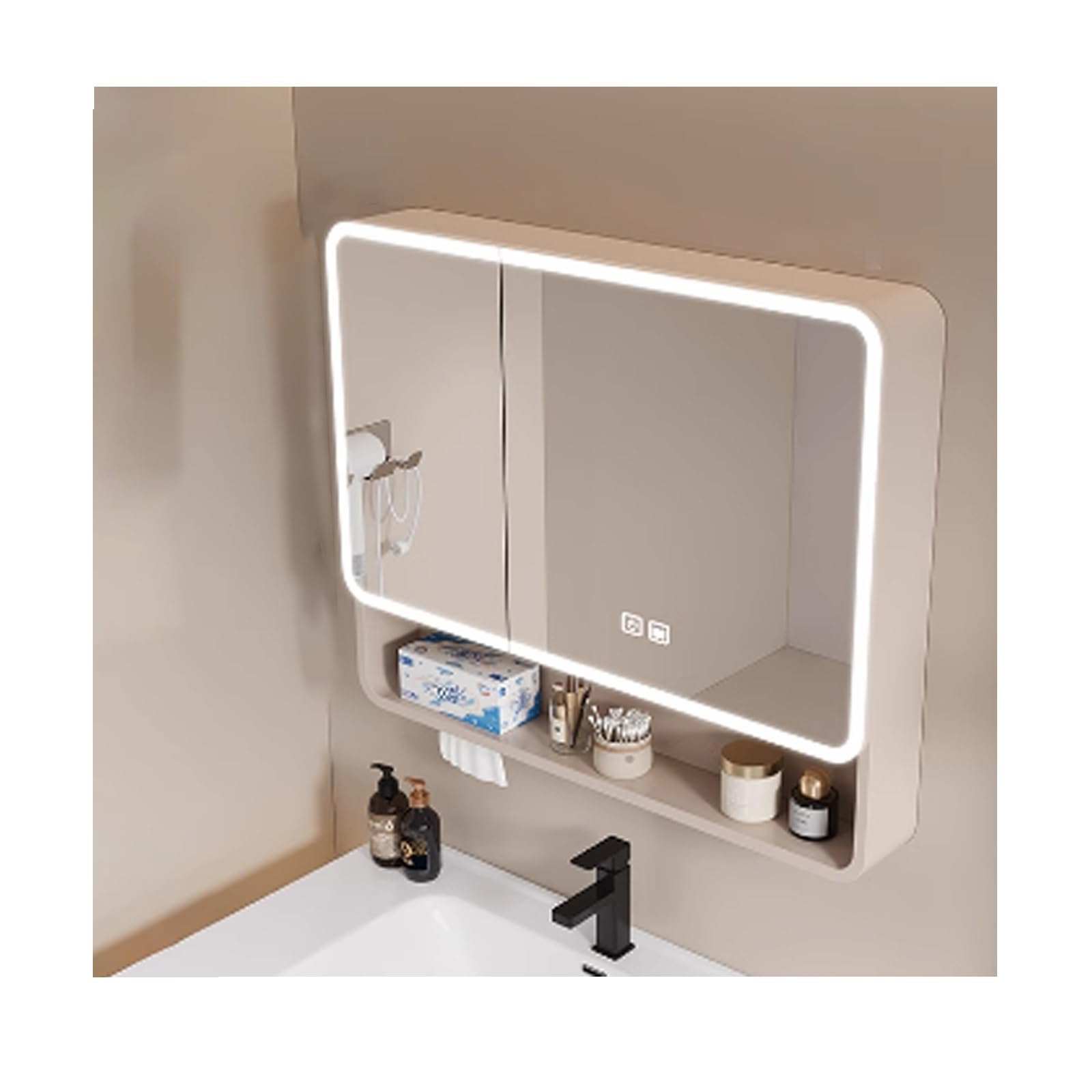 FLYIODFCXV bathroom mirror cabinet, With 2 Mirrored Doors，Rounded Corners, Efficient Demisting, Large Storage Capacity(Cream,70cm/27.5in)
