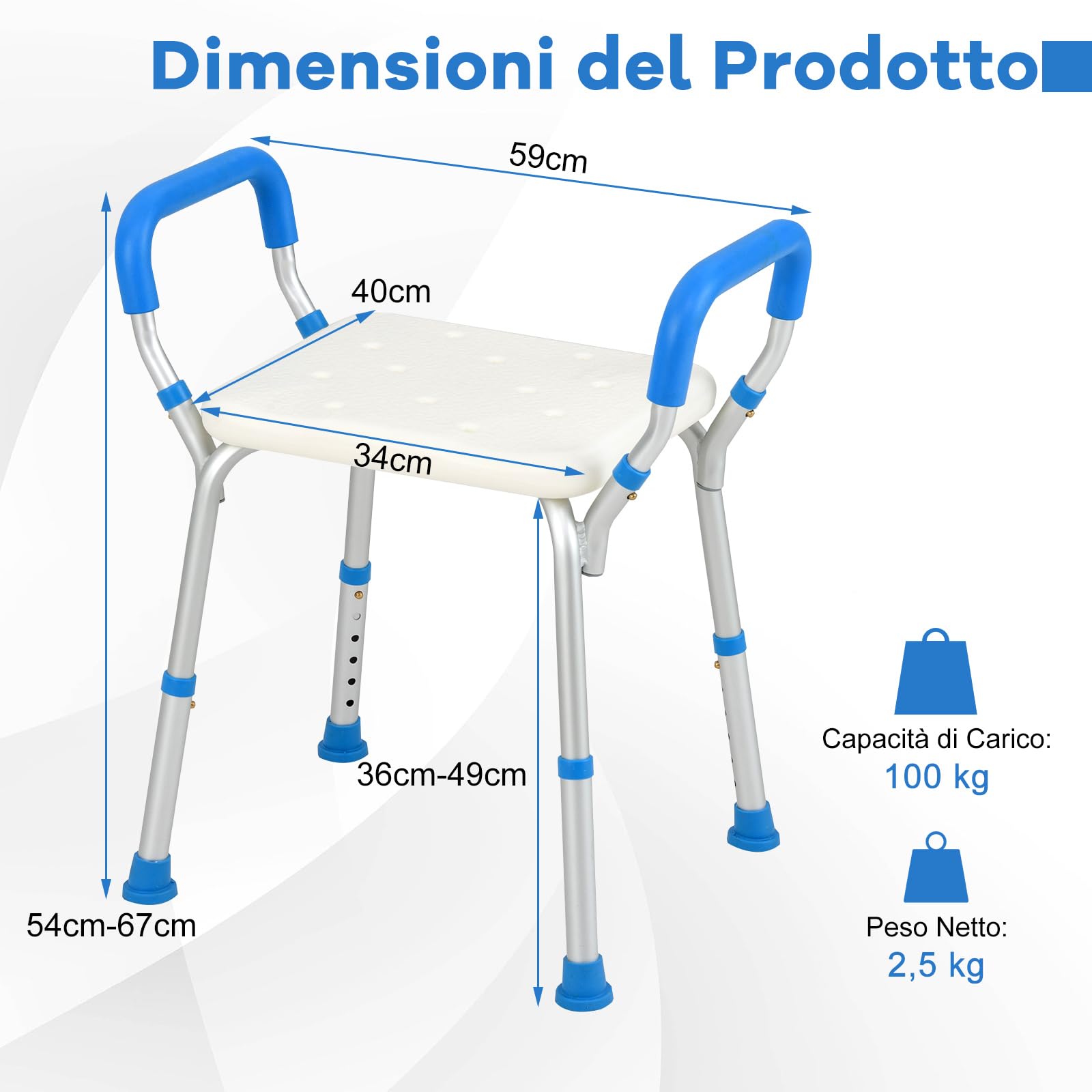 COSTWAY Sgabello Doccia, Sedia per Doccia Regolabile in 6 Altezze con Braccioli Imbottiti Staccabili e Piedini in Gomma Antiscivola, Portata 100 kg, Seggiolino da Bagno per Anziani (Blu)