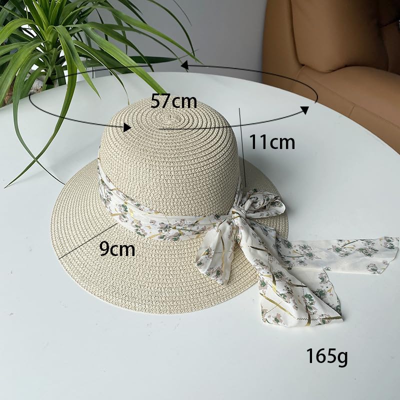 Sombrero de Paja Trenzado de Verano para Mujer,Transpirable,con Protección UV y Lazo Floral,Sombrero de Playa Ligera para Vacaciones,Viajes y Actividades Al Aire Libre